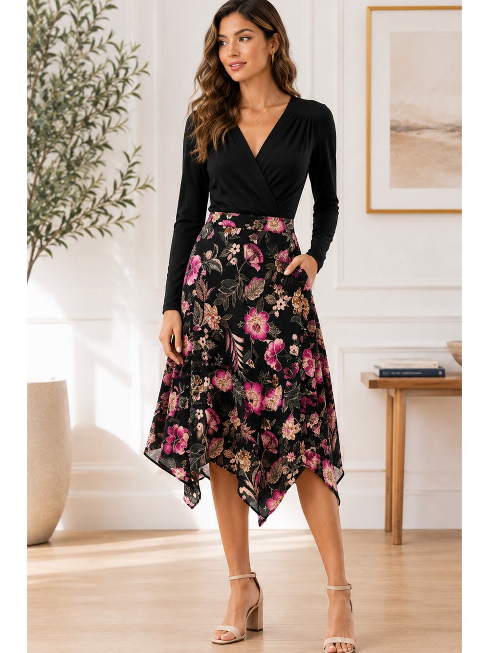 Jessica Simpson Floral Asymmetrical Midi Skirt Black Pink NWT Large